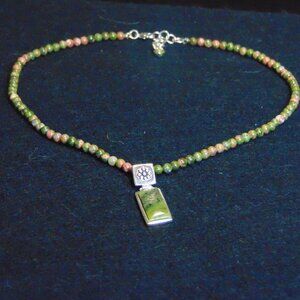 Unakite Beaded Necklace with Green Stone Pendant Sterling Silver